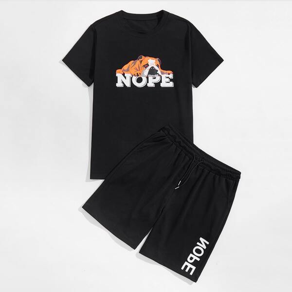 

Men Dog And Letter Graphic Print Tee & Track Shorts, Black