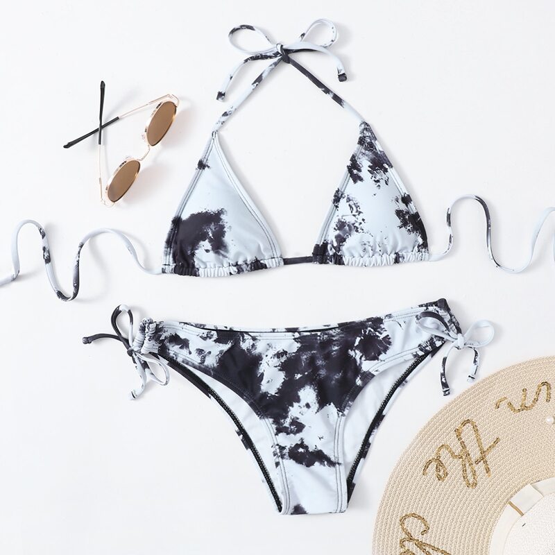 

Tie Dye Halter Drawstring Bikini Swimsuit, Black and white