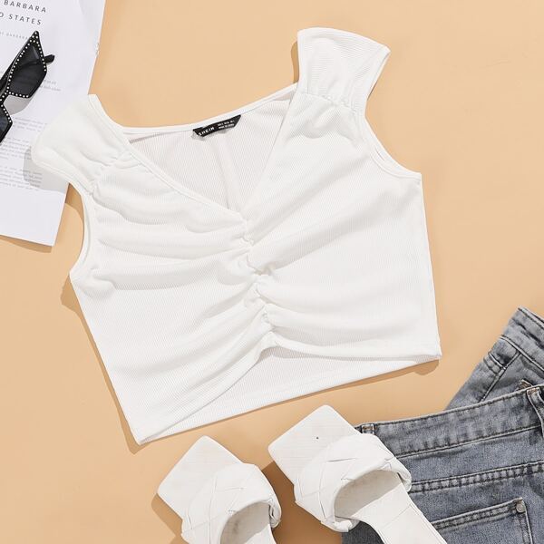 

Solid Ruched Crop Tee, White