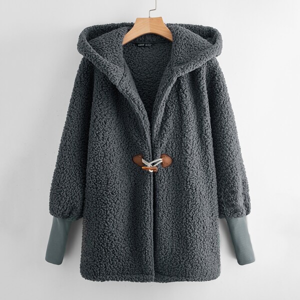 

Horn Button Hooded Teddy Coat, Dark grey