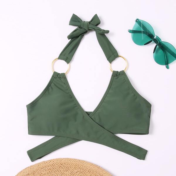 

Ring Linked Wrap Detail Bikini Top, Army green