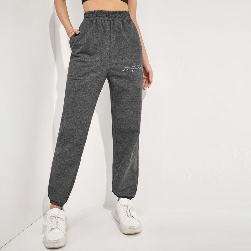 

Letter Graphic Slant Pocket Sports Pants, Dark grey