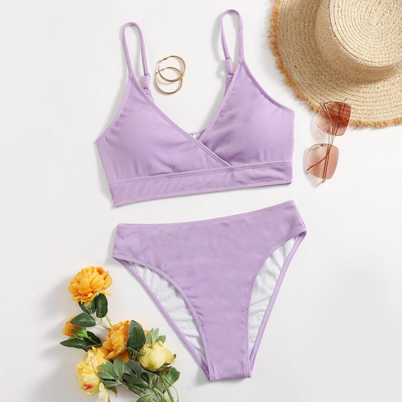 

Solid Wrap Bikini Swimsuit, Lilac purple