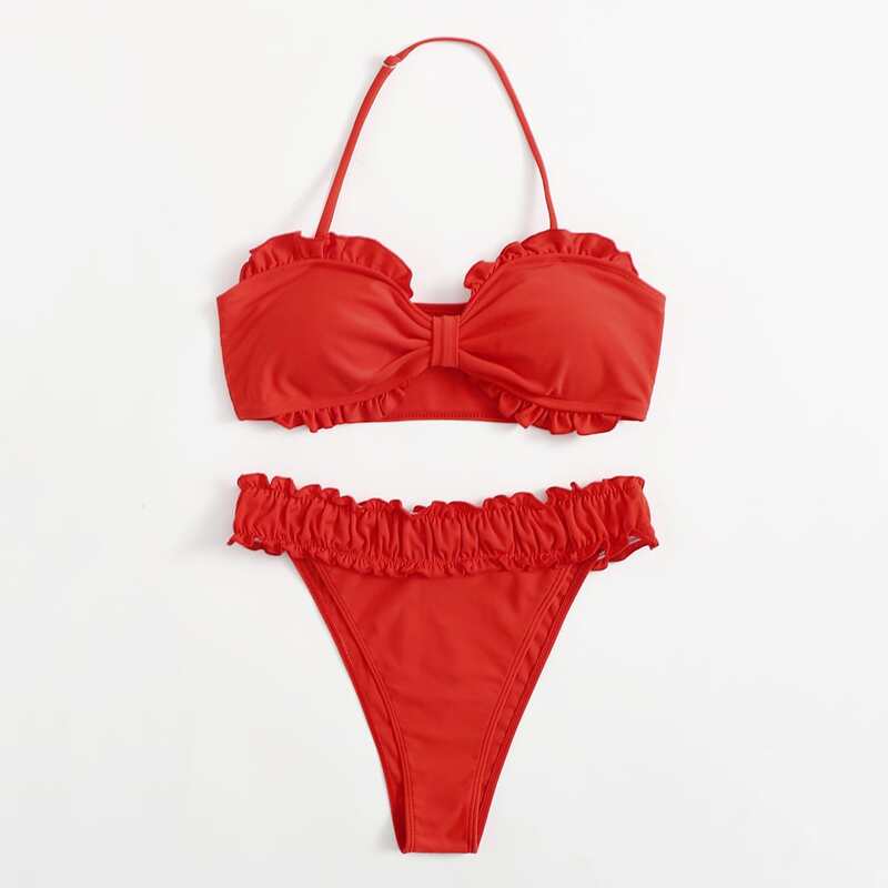 

Solid Knot Frill Bikini Swimsuit, Red