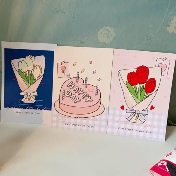 

3pcs Tulip Print Postcard, Multicolor