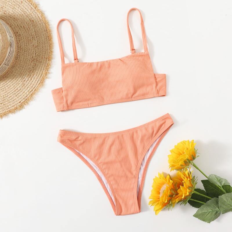 

Solid Ribbed Bikini Swimsuit, Coral orange