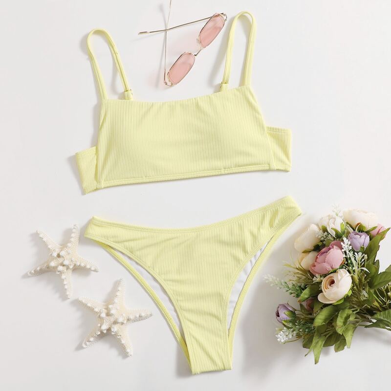 

Solid Ribbed Bikini Swimsuit, Yellow