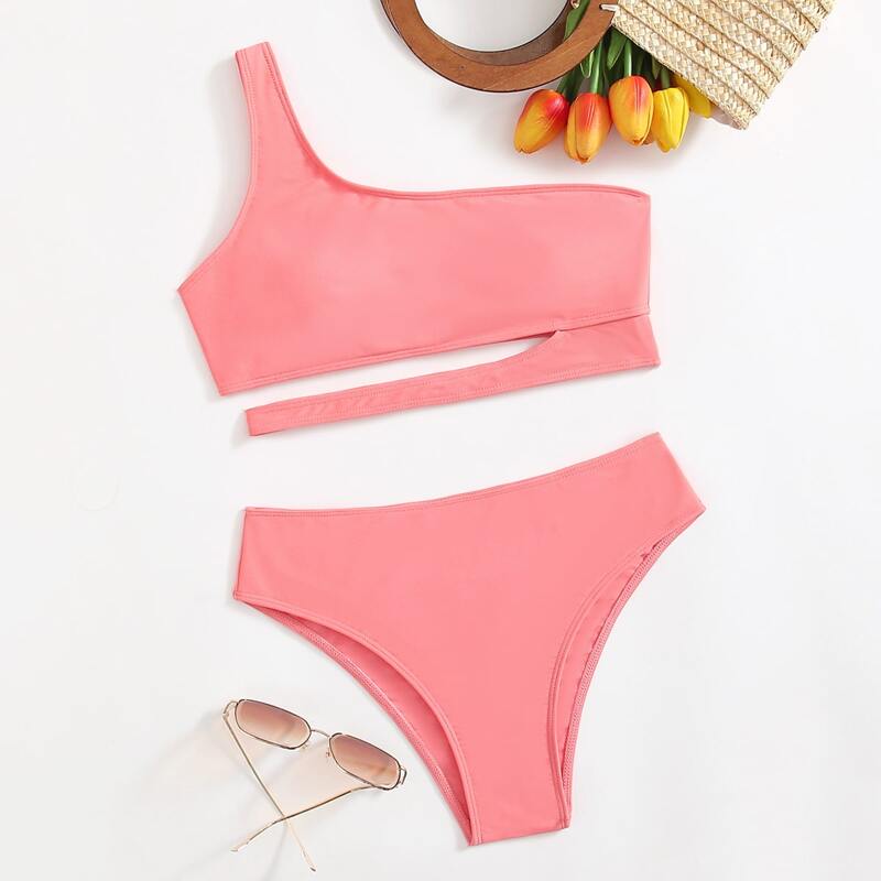 

Solid One Shoulder Cut Out Bikini Swimsuit, Coral orange