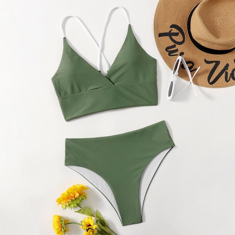 

Solid Criss Cross Bikini Swimsuit, Army green