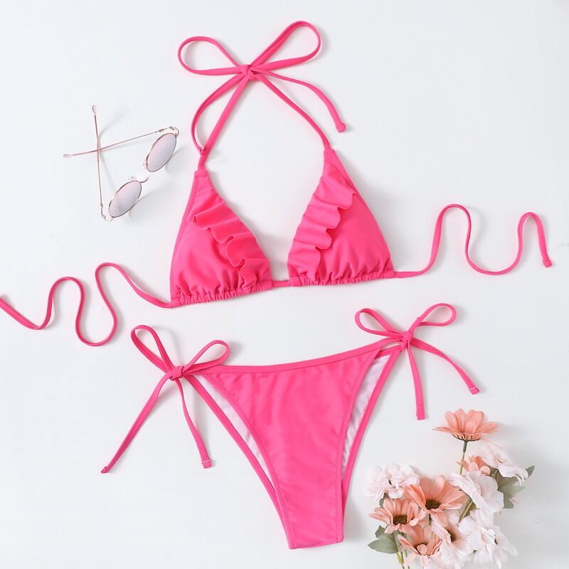 

Solid Ruffle Halter Tie Side Bikini Swimsuit, Hot pink