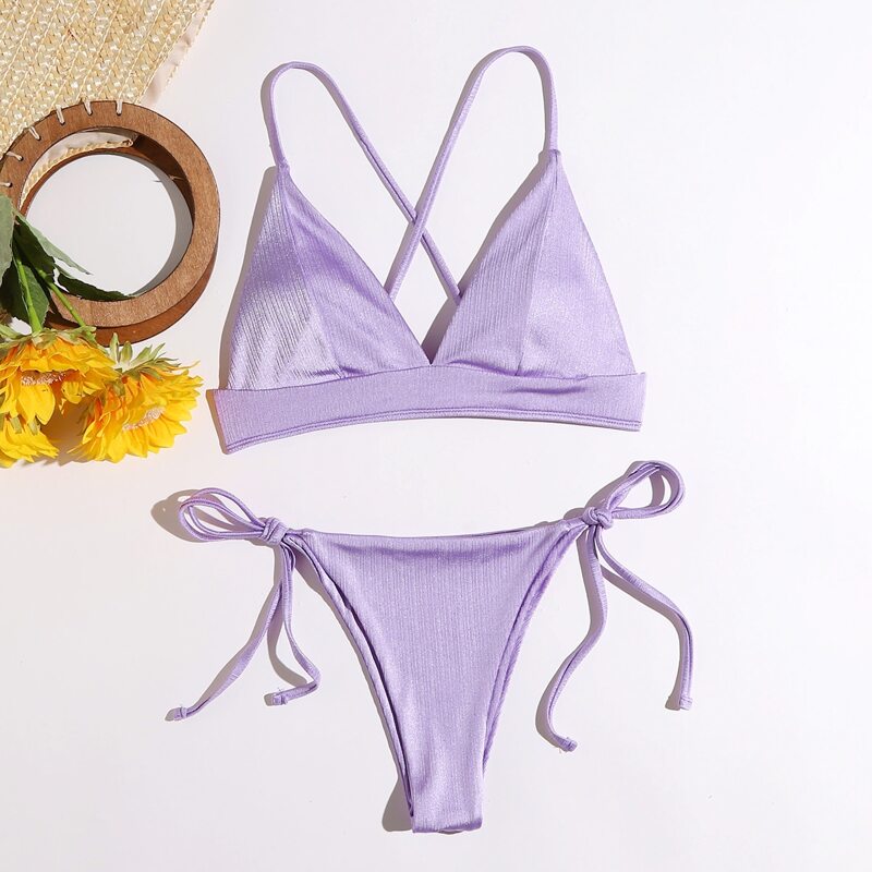 

Solid Criss Cross Tie Side Bikini Swimsuit, Lilac purple