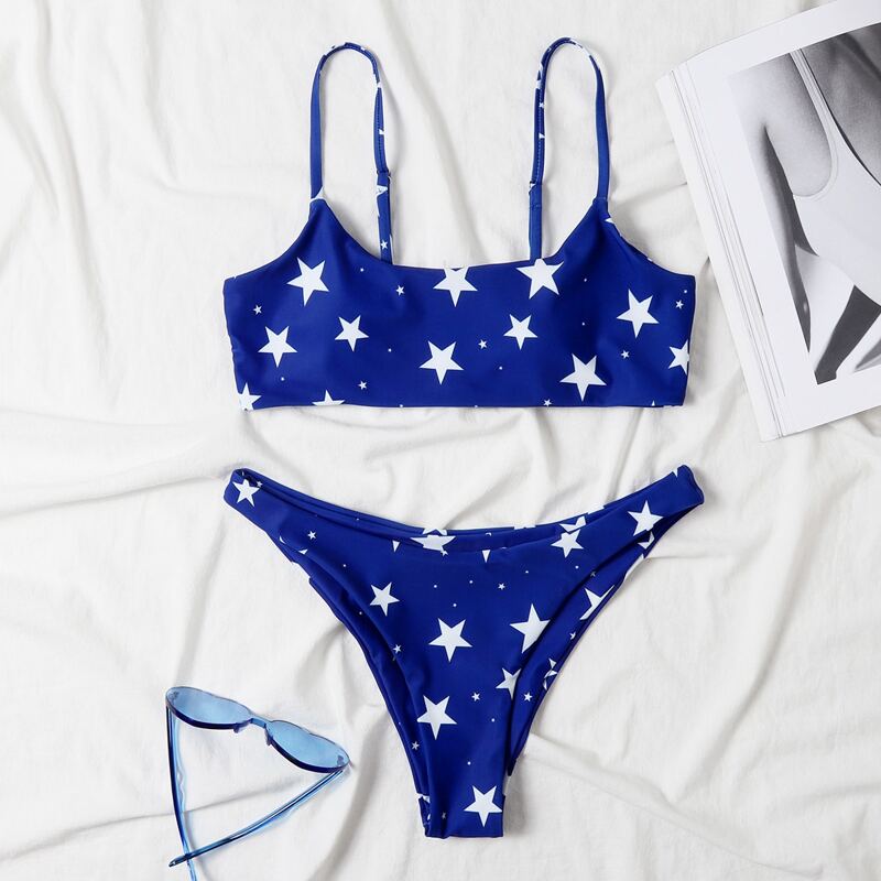 

Star Print Cheeky Bikini Swimsuit, Blue and white