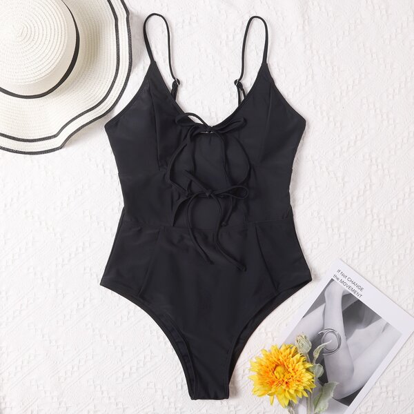 

Cut-out Tie Front One Piece Swimsuit, Black