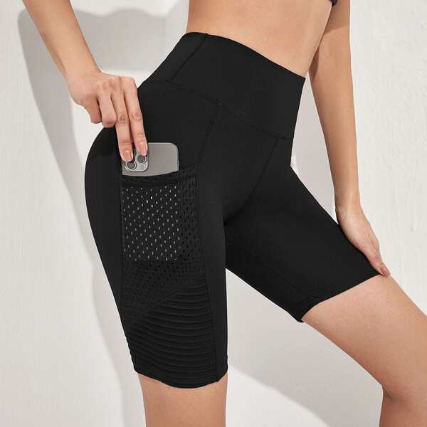 

Laser Cut Biker Shorts With Phone Pocket, Black