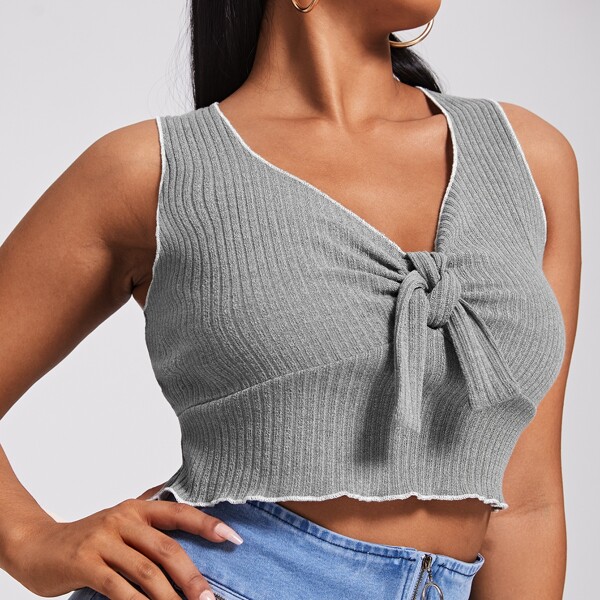 

Plus Knot Front Lettuce Trim Tank Top, Grey