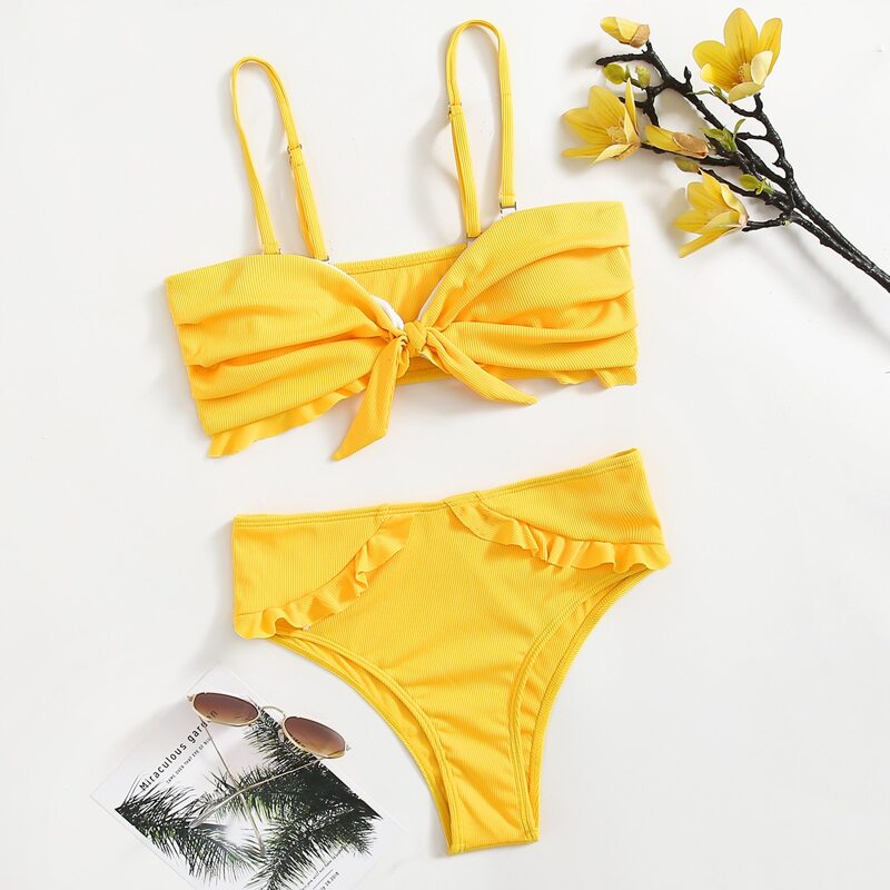 

Solid Knot Ruffle Bikini Swimsuit, Yellow