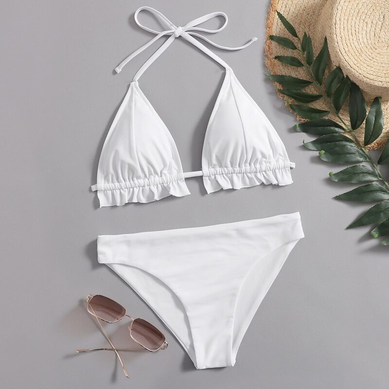 

Solid Frill Bikini Swimsuit, White