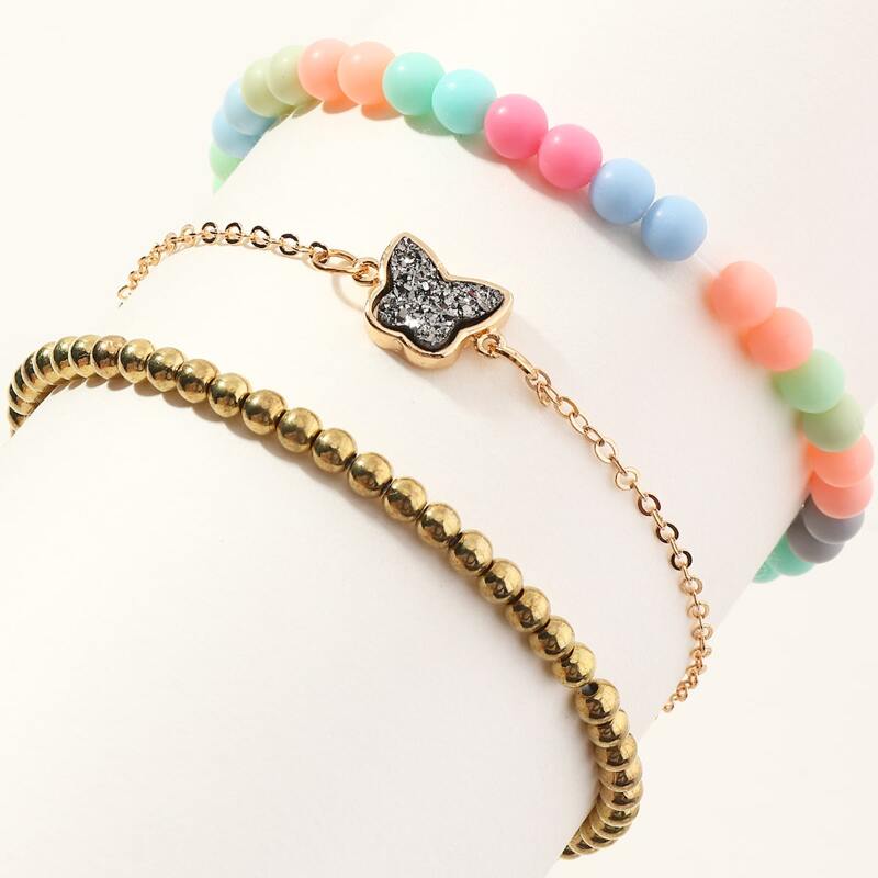 

3pcs Butterfly Beaded Bracelet, Multicolor