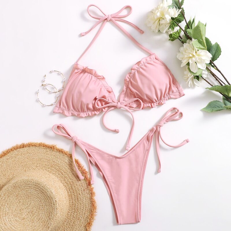 

Solid Frill Halter Tie Side Bikini Swimsuit, Baby pink