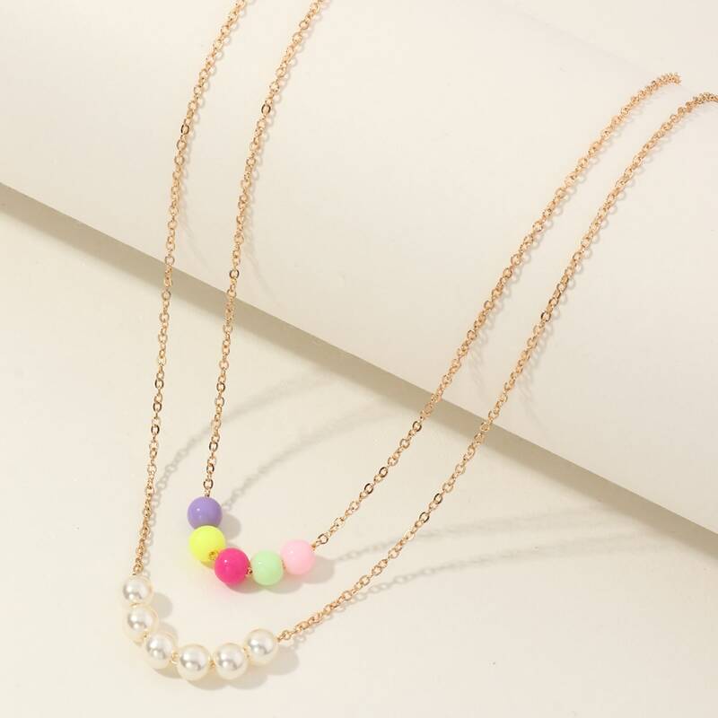 

2pcs Faux Pearl Beaded Necklace, Multicolor