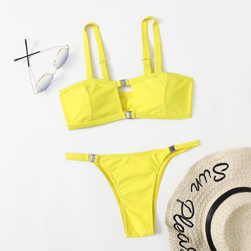 

Solid Cut Out Bikini Swimsuit, Yellow