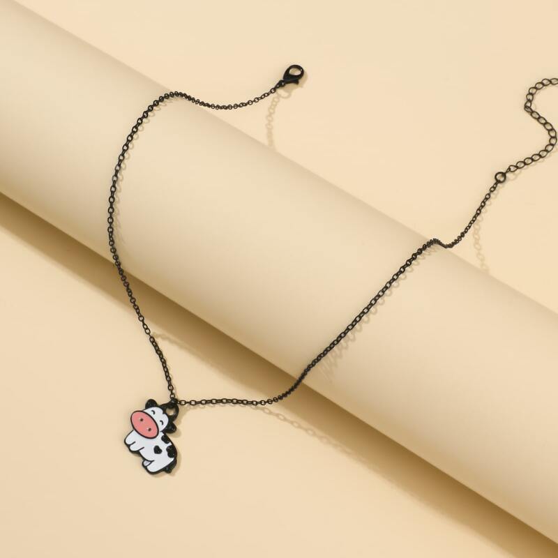 

Cartoon Cow Pendant Necklace, Black