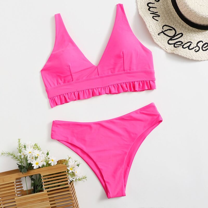 

Solid Frill Bikini Swimsuit, Hot pink