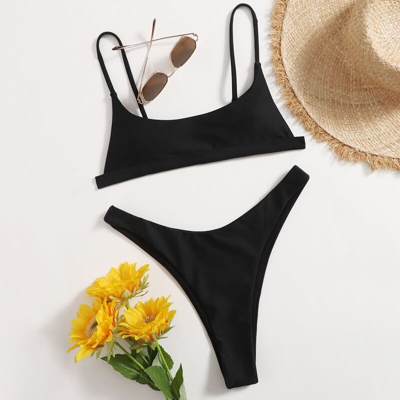 

Solid High Cut Bikini Swimsuit, Black