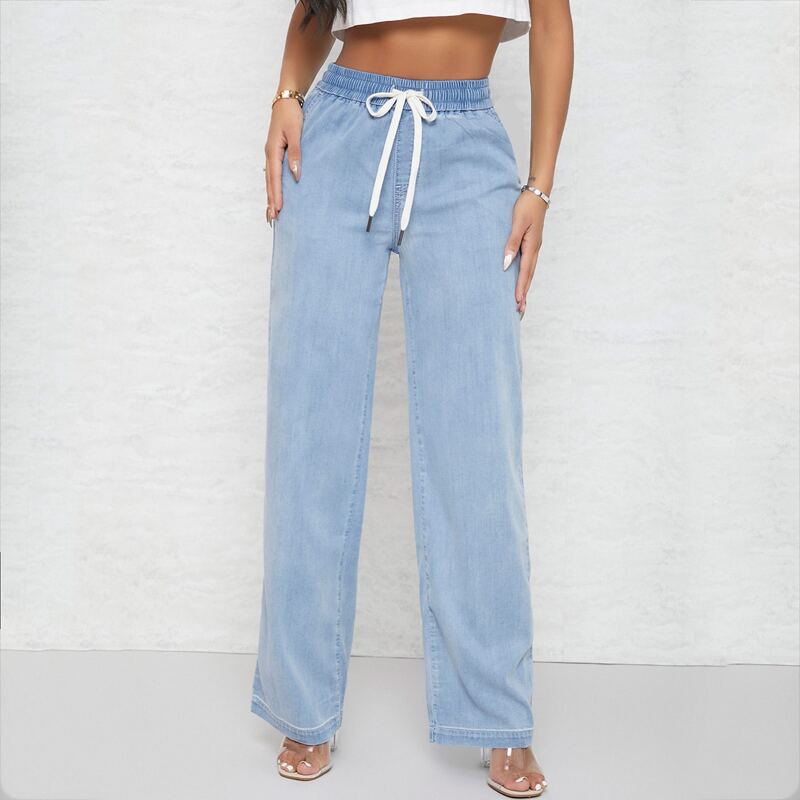 

Drawstring Waist Straight Jeans, Light wash