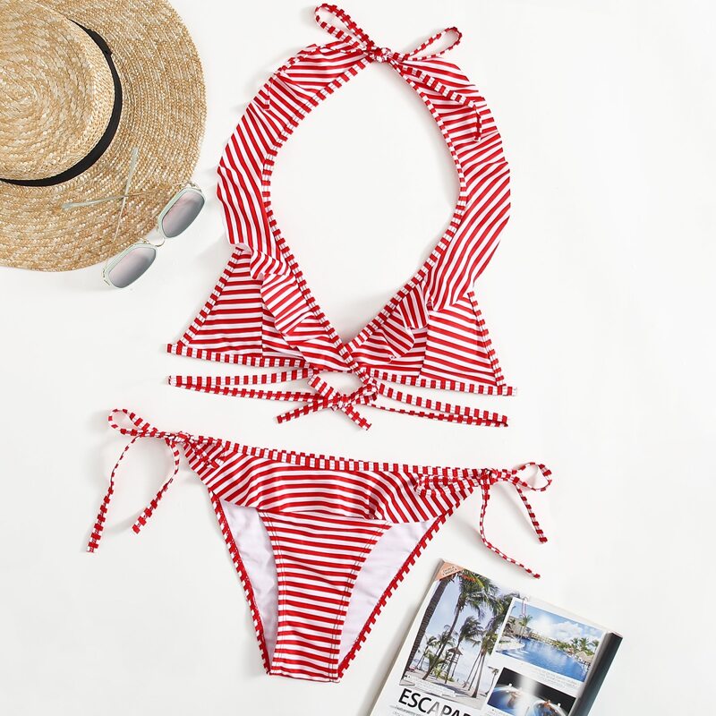 

Striped Ruffle Halter Tie Side Bikini Swimsuit, Red and white