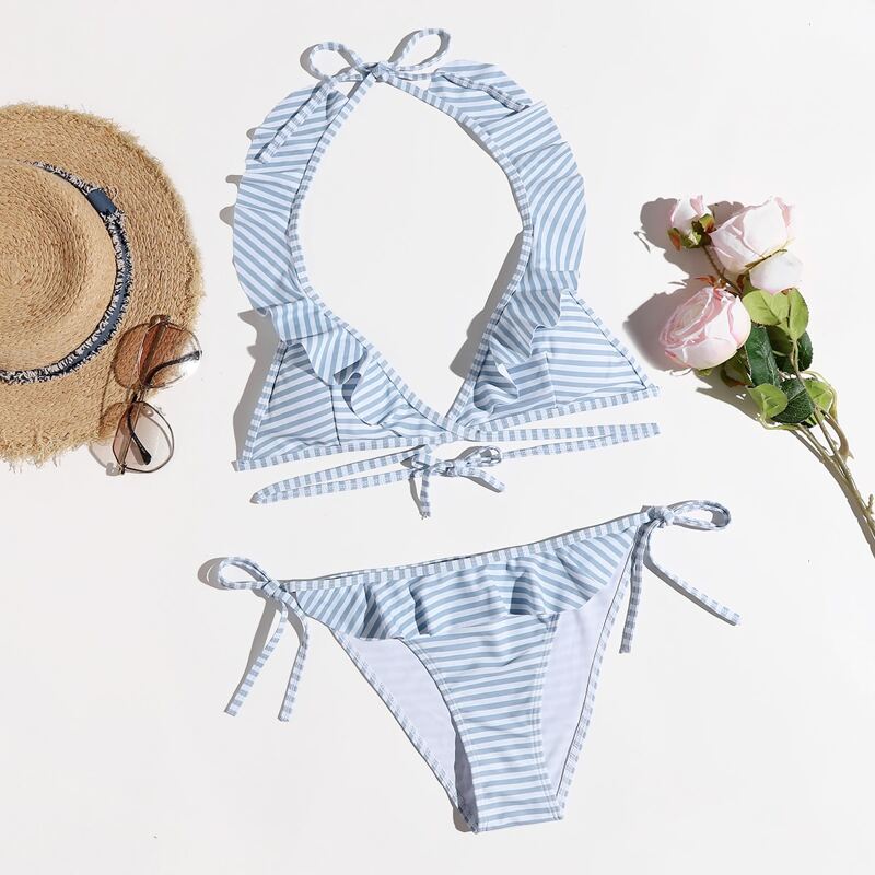 

Striped Ruffle Halter Tie Side Bikini Swimsuit, Multicolor