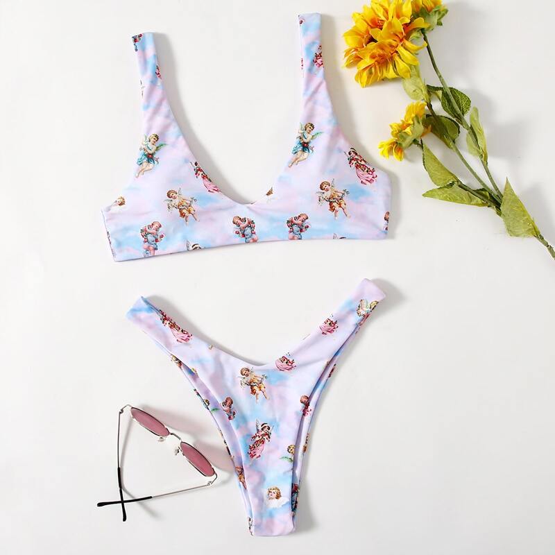 

Angel Graphic High Cut Bikini Swimsuit, Multicolor
