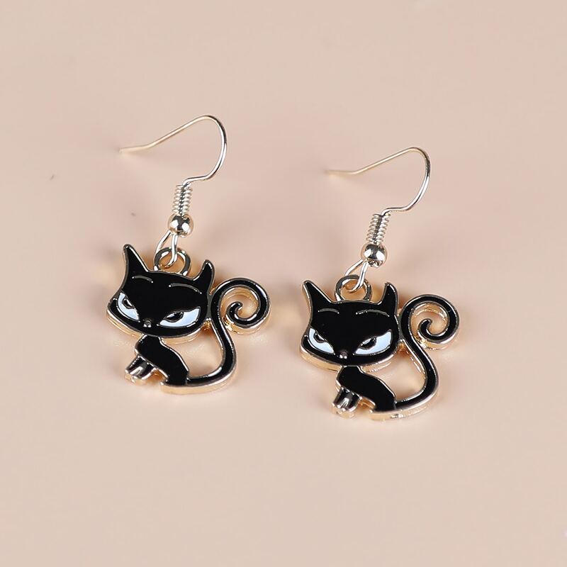 

Cartoon Cat Drop Earrings, Black