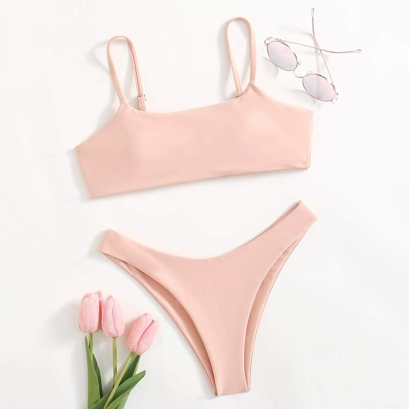 

Solid Cami High Leg Bikini Swimsuit, Baby pink