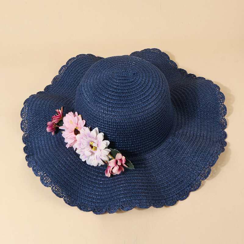

Floral Scallop Trim Straw Hat, Navy blue
