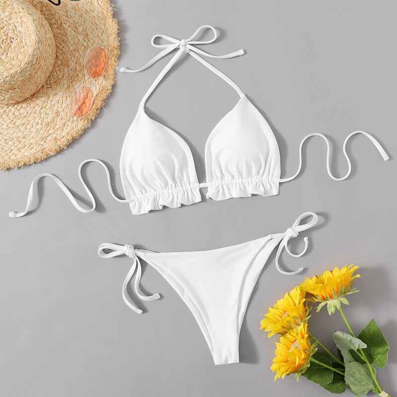 

Frill Trim Tie Side Bikini Swimsuit, White