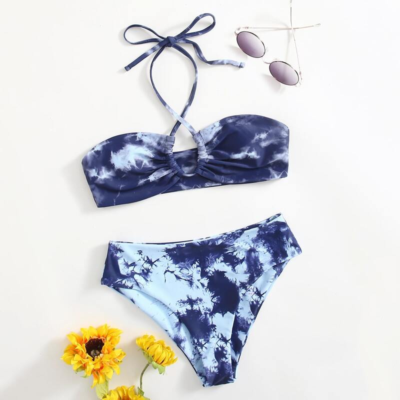 

Tie Dye Drawstring Halter Bikini Swimsuit, Multicolor