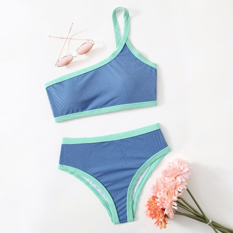 

Contrast Binding One Shoulder Bikini Swimsuit, Multicolor