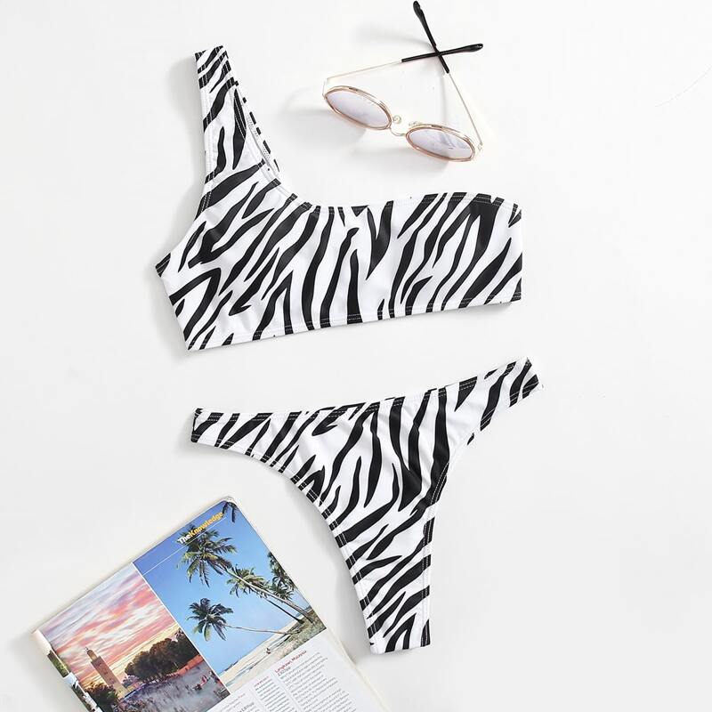 

Zebra Stripe One Shoulder Bikini Swimsuit, Black and white