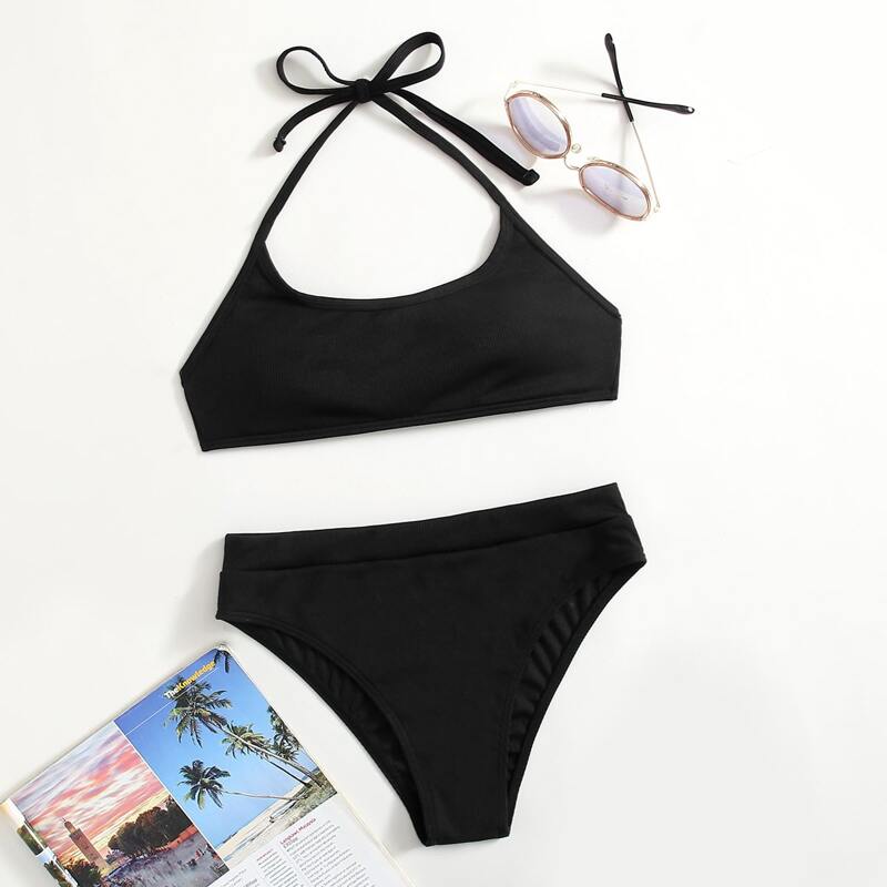 

Solid Halter Bikini Swimsuit, Black