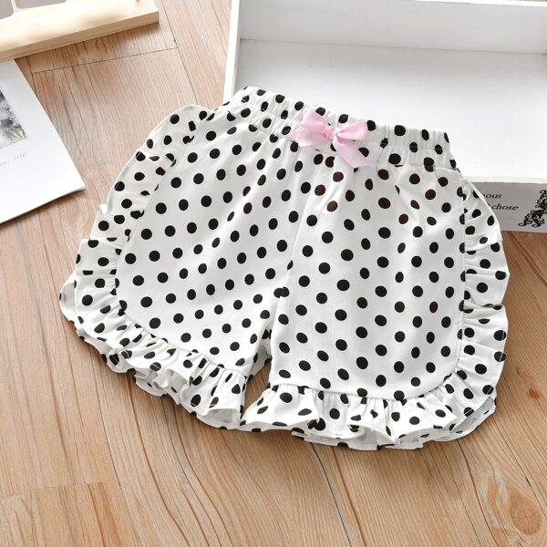 

Toddler Girls Polka Dot Ruffle Trim Bow Shorts, Black and white