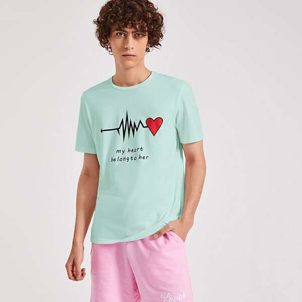 

Men Slogan & Heartbeat Print Tee, Pastel mint green