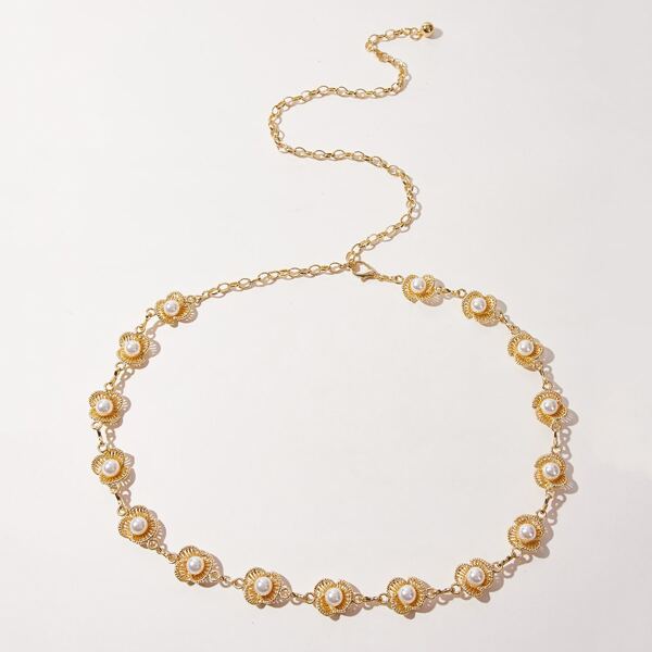 

Faux Pearl Decor Chain Belt, Gold