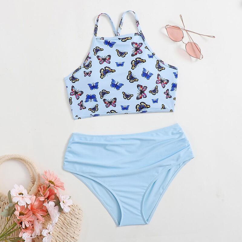 

Butterfly Graphic Lace Up High Waist Bikini Swimsuit, Baby blue