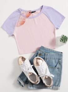 Muchica Raglan Sleeve Two Tone Crop Top - Multicolor - View 1
