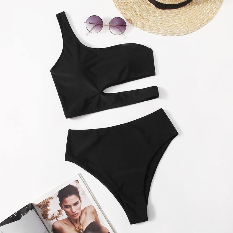 

Cut-out One Shoulder Bikini Swimsuit, Black