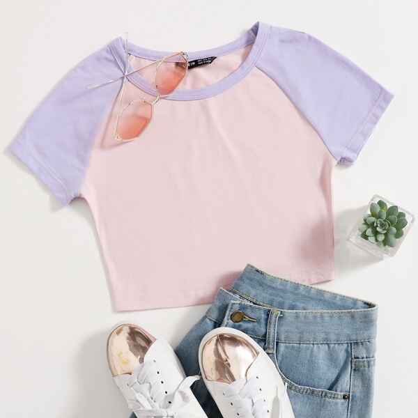 

Raglan Sleeve Two Tone Crop Top, Multicolor