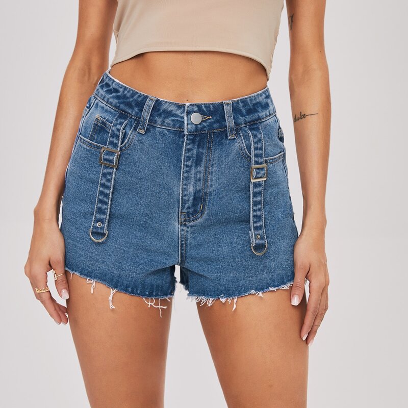 

High Waist Raw Hem Buckle Straps Denim Shorts, Medium wash
