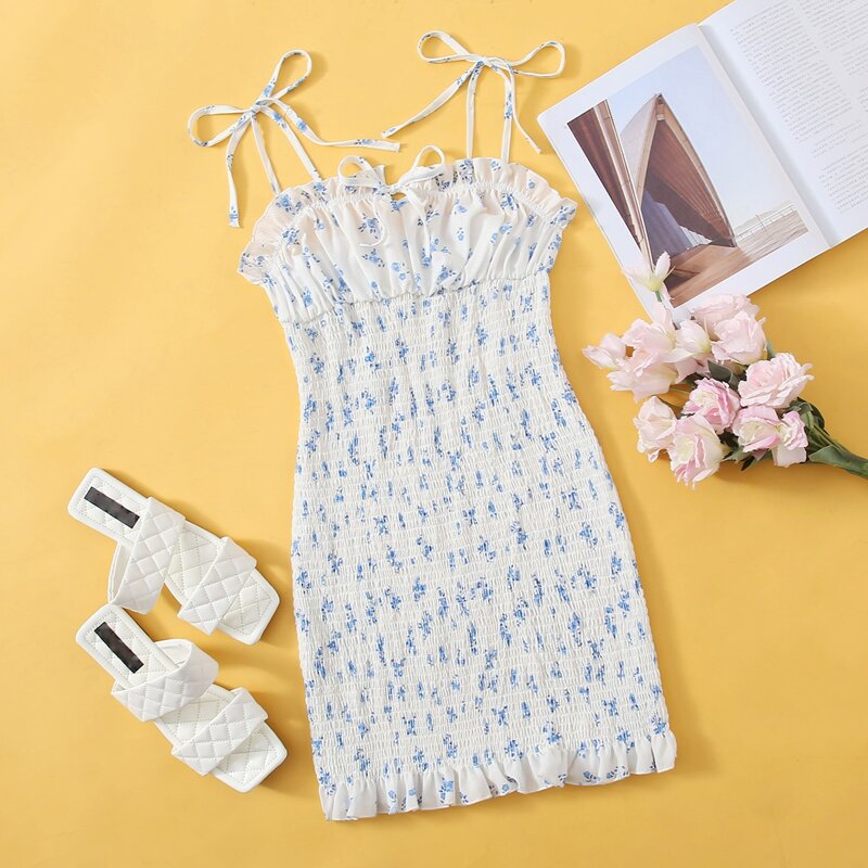 

Knotted Strap Shirred Ditsy Floral Dress, White