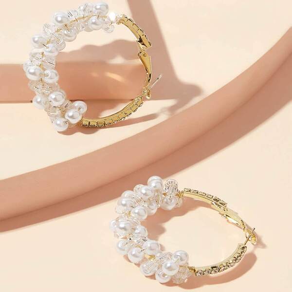 

Faux Pearl & Rhinestone Decor Hoop Earrings, Gold